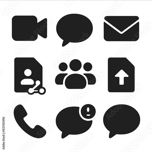 Corporate Communication Icons. Solid, filled icons set of corporate communication tools: video call, chat