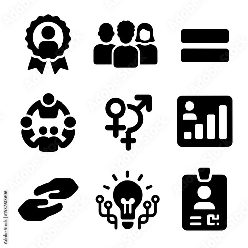 Diversity in Tech Icons. Solid, filled icons set of diversity in tech: inclusion badge, diverse team, equal