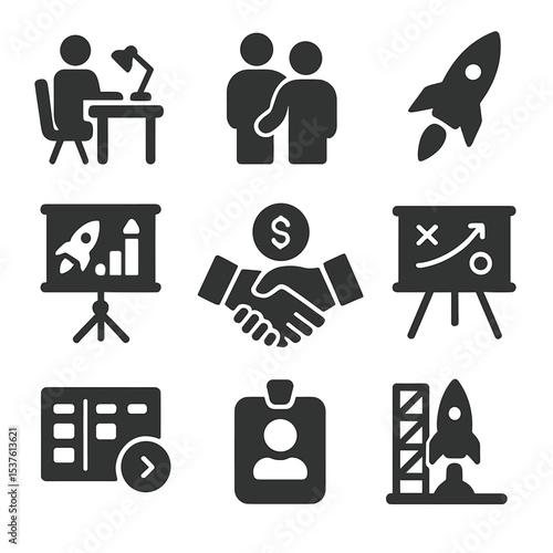 Startup Icons Grid. Solid, filled icons set of startup incubators and accelerators: coworking desk, mentorship