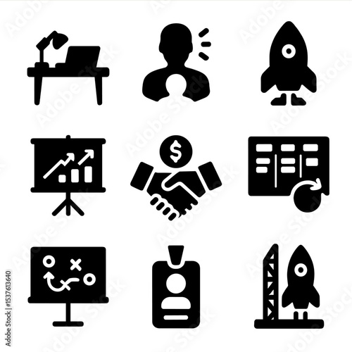 Startup Icons Grid. Solid, filled icons set of startup incubators and accelerators: coworking desk, mentorship