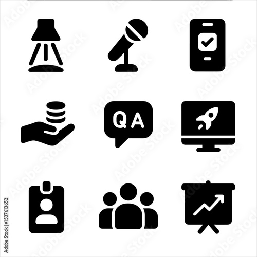 Startup Event Icons. Solid, filled icons set of pitch events and demo days: stage spotlight, pitch mic, app