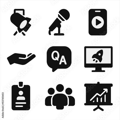 Startup Event Icons. Solid, filled icons set of pitch events and demo days: stage spotlight, pitch mic, app