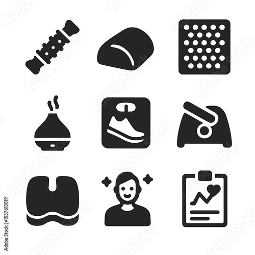 Wellness Desk Icons. Solid, filled icons set of wellness accessories for standing desks: massage roller, foam