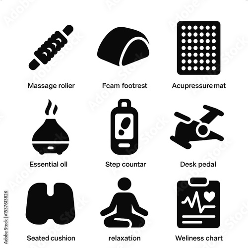 Wellness Desk Icons. Solid, filled icons set of wellness accessories for standing desks: massage roller, foam