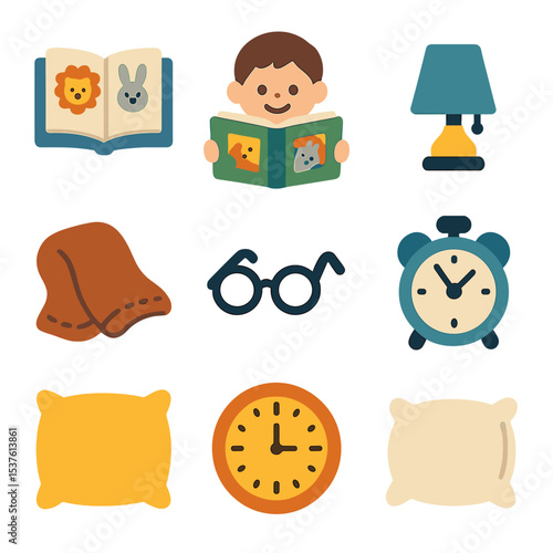 Storytime Icon Set. Solid, filled icons set of a child reading a picture book with bright illustrations: open