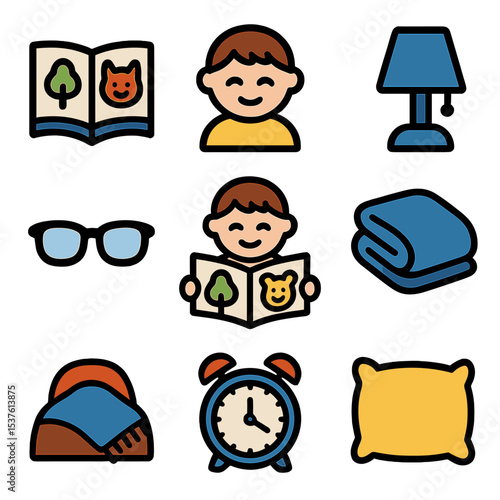 Storytime Icon Set. Solid, filled icons set of a child reading a picture book with bright illustrations: open