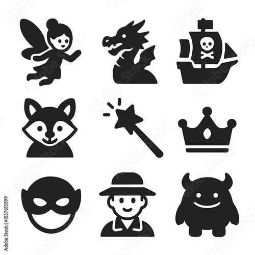 Children's Storybook Icons. Solid, filled icons set of children’s storybook characters: fairy, dragon, pirate