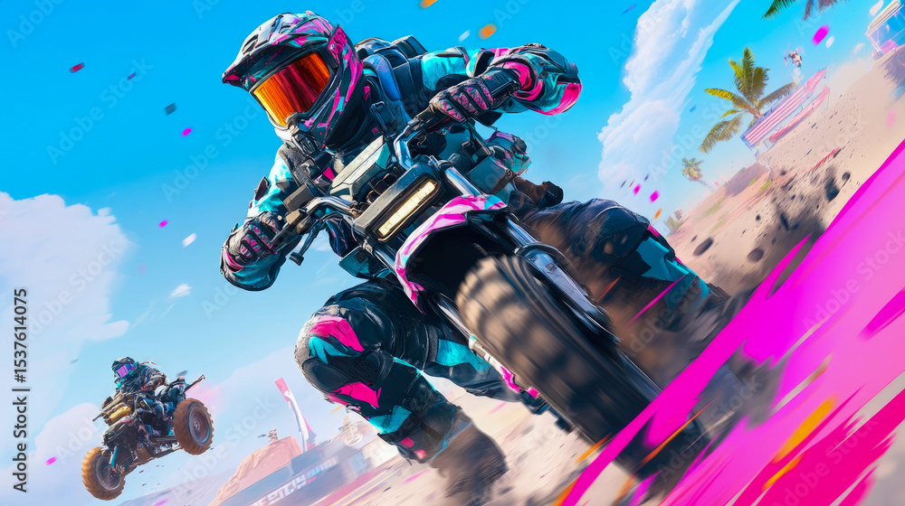 Obraz premium Motorsport Thrill: A high-speed motorcycle race through a vibrant beach landscape, showcasing adrenaline and action on a sunny day.