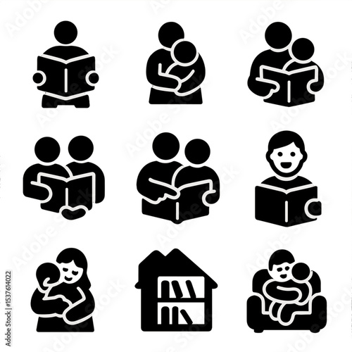 Parent-Child Reading Icons. Solid, filled icons set of parent-child reading moments: lap reading, cuddle time,