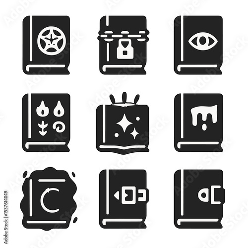 Mystical Spellbook Icons. Solid, filled icons set of spellbooks and grimoires: leather-bound cover, pentagram