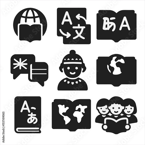 Multilingual Children's Books Icons. Solid, filled icons set of multilingual children’s books: language globe,