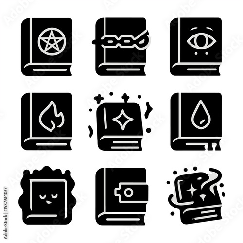 Mystical Spellbook Icons. Solid, filled icons set of spellbooks and grimoires: leather-bound cover, pentagram