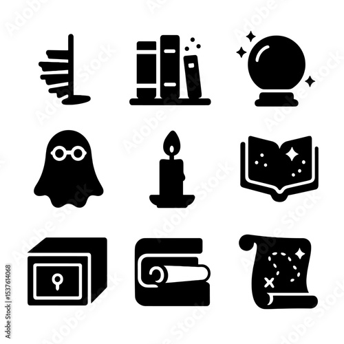 Magical Library Icons. Solid, filled icons set of magical libraries and archives: spiral staircase, dusty