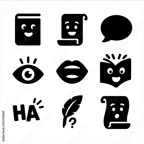 Animated Talking Books. Solid, filled icons set of talking books and sentient scrolls: book with face,