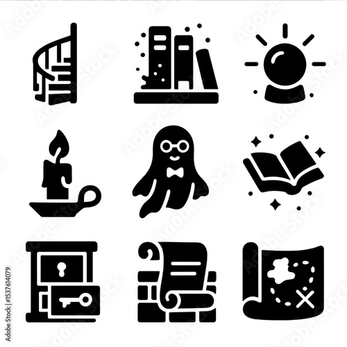 Magical Library Icons. Solid, filled icons set of magical libraries and archives: spiral staircase, dusty