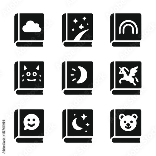 Enchanted Children's Book Icons. Solid, filled icons set of enchanted children's books: dream cloud, stardust