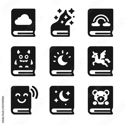 Enchanted Children's Book Icons. Solid, filled icons set of enchanted children's books: dream cloud, stardust