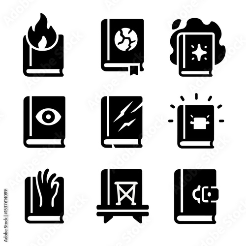 Forbidden Book Icons. Solid, filled icons set of cursed and forbidden books: black flames, cracked seal,