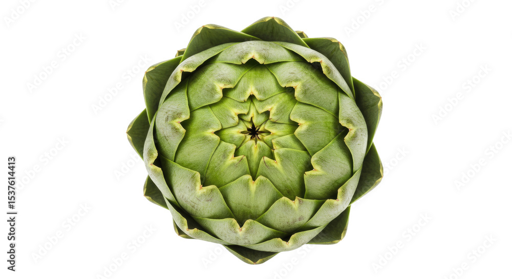 Fototapeta premium Overhead View of a Single Artichoke Intricate Green Petals