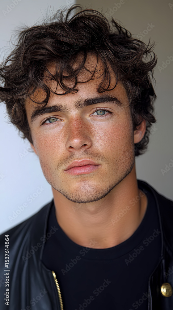 Close-up portrait of a young man with curly hair and blue eyes, wearing a black shirt and leather jacket Close-up portrait of a young man with curly hair and blue eyes, wearing a black shirt and leather jacket
