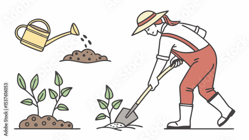 Gardening Illustration Planting, Watering, and Growing Plants