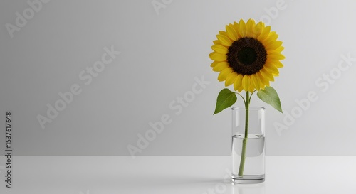 Vibrant yellow sunflower in a minimalist glass vase on a bright white surface, radiating natural beauty against a clean, light gray backdrop. Simple elegance of a summer bloom.