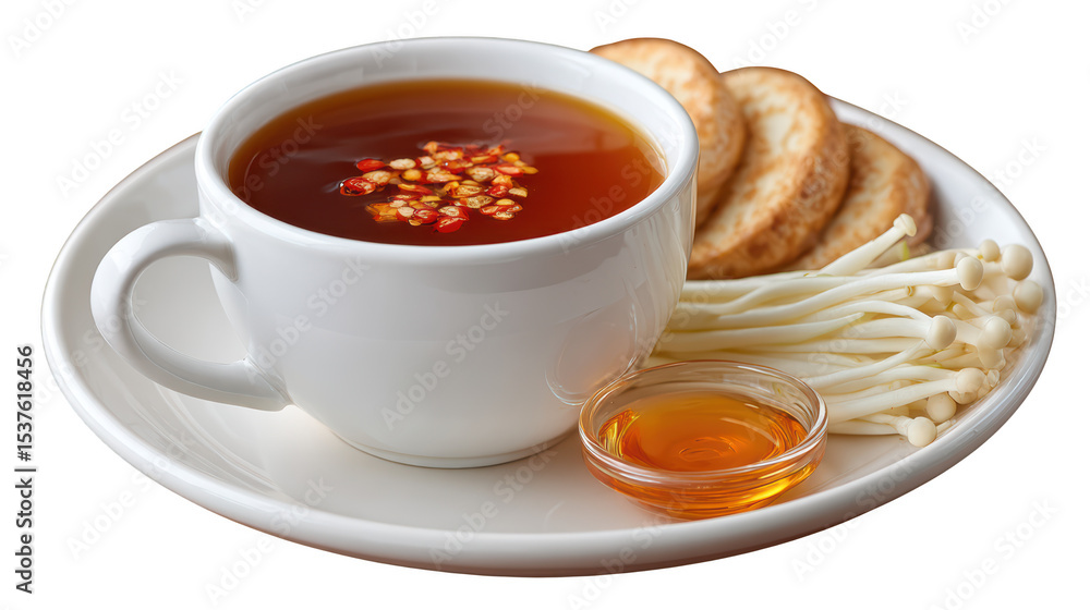 Fragrant Tom Yum Mushroom Broth with Enoki and Shiitake Mushrooms and Chili Oil on an Elegant Plate Fragrant Tom Yum Mushroom Broth with Enoki and Shiitake Mushrooms and Chili Oil on an Elegant Plate