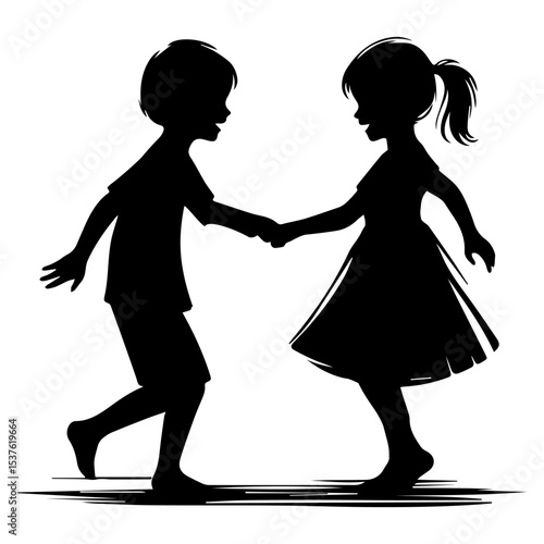 Black and white silhouette of a little boy and girl dancing with each other on a white isolated background. Vector graphics. EPS.

