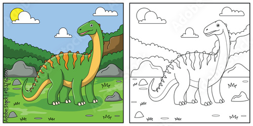 Cute cartoon dinosaur Diplodocu, funny illustration, coloring book for kids and children.