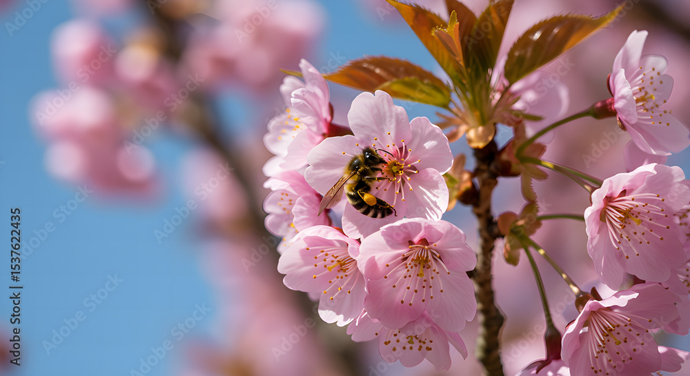 Obraz premium Bee on Cherry Blossom A Springtime Symphony of Nature's Beauty