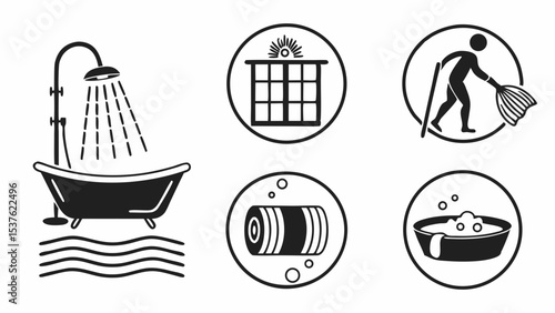 Bathroom Cleaning Shower, Tub, Window, and More Cleaning Icons