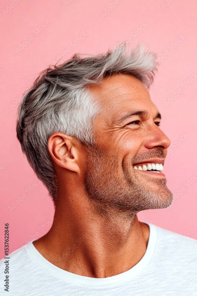 Obraz premium Trendy men's classic short back and sides haircut - midlife white man with grey hair. Pink solid background. Idea of style for aging men. A studio glamour portrait of a confident man.