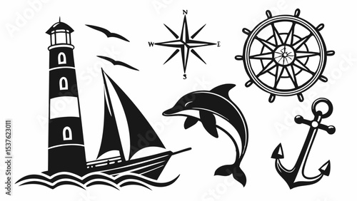 Nautical Adventure Lighthouse, Sailboat, Dolphin, Compass & Anchor Illustrations