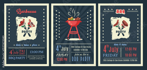 BBQ party. American 4th of July Celebration. Set of Set of barbecue invitation. Holiday card, poster, banner, flyer template for bbq picnic. Vector illustration with brazier, steaks, vegetables