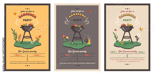 Barbecue party. Summer picnic. Set of BBQ card in retro style. Summer barbecue picnic. Bbq background with grill, steaks, meat food, vegetables, cutlery, text. Vector cartoon illustration