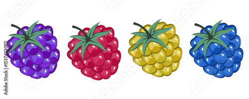 Set of raspberry isolated. Red yellow blue raspberry, blackberry with green leaf. Colorful Fresh tasty berries. Fruits icon. Sweet healthy vitamin. Vector illustration