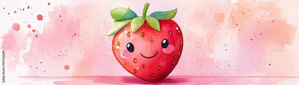 Obraz premium A cute, smiling strawberry cartoon with green leaves on a pink watercolor background featuring splashes and hearts.