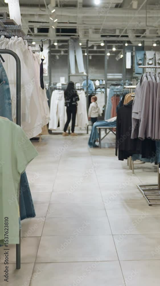 First-person view of a clothing store showcasing a variety of clothes on racks, including shirts, jackets, and jeans. A lady and a little boy are seen shopping in the store First-person view of a clothing store showcasing a variety of clothes on racks, including shirts, jackets, and jeans. A lady and a little boy are seen shopping in the store
