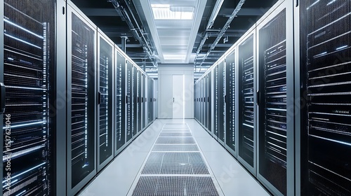 A long hallway filled with server racks in a data center with bright lights and a raised floor system