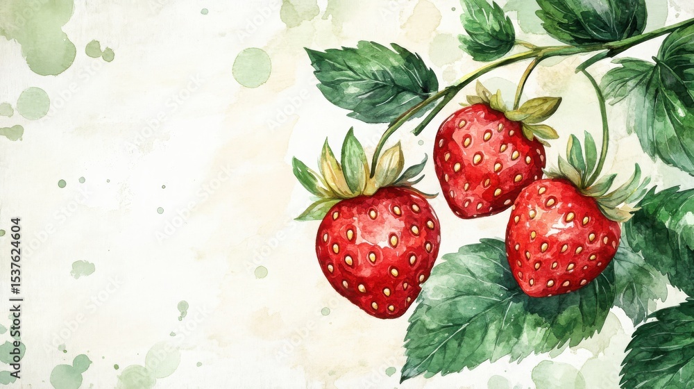 Watercolor painting of three ripe strawberries with green leaves on a white background with light green splashes. Watercolor painting of three ripe strawberries with green leaves on a white background with light green splashes.