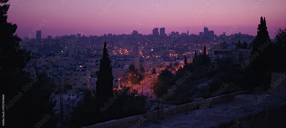 Naklejka premium A cinematic still of the cityscape of Jerusalem at night, with a purple sky