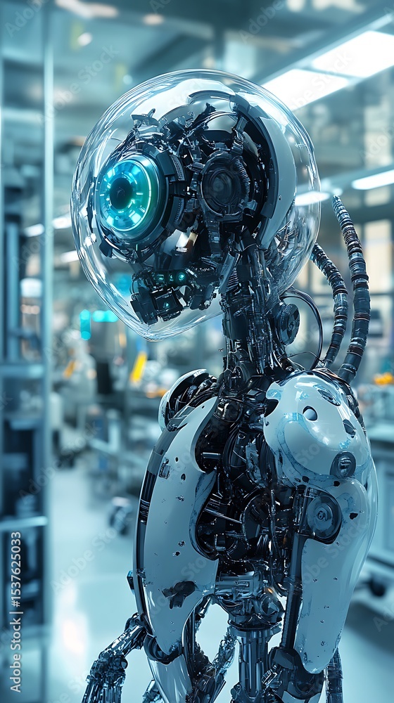 Fototapeta premium A futuristic robot with a clear dome head and visible mechanical components standing in a bright room