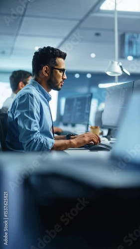 Concentrated IT specialist typing code on desktop computer at modern office workspace, teamwork environment, data analysis, software engineering