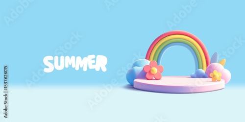 Summer rainbow, empty podium, flowers, cloud. 3D. For concepts of promotional summer offers on goods and products. Vector illustration.