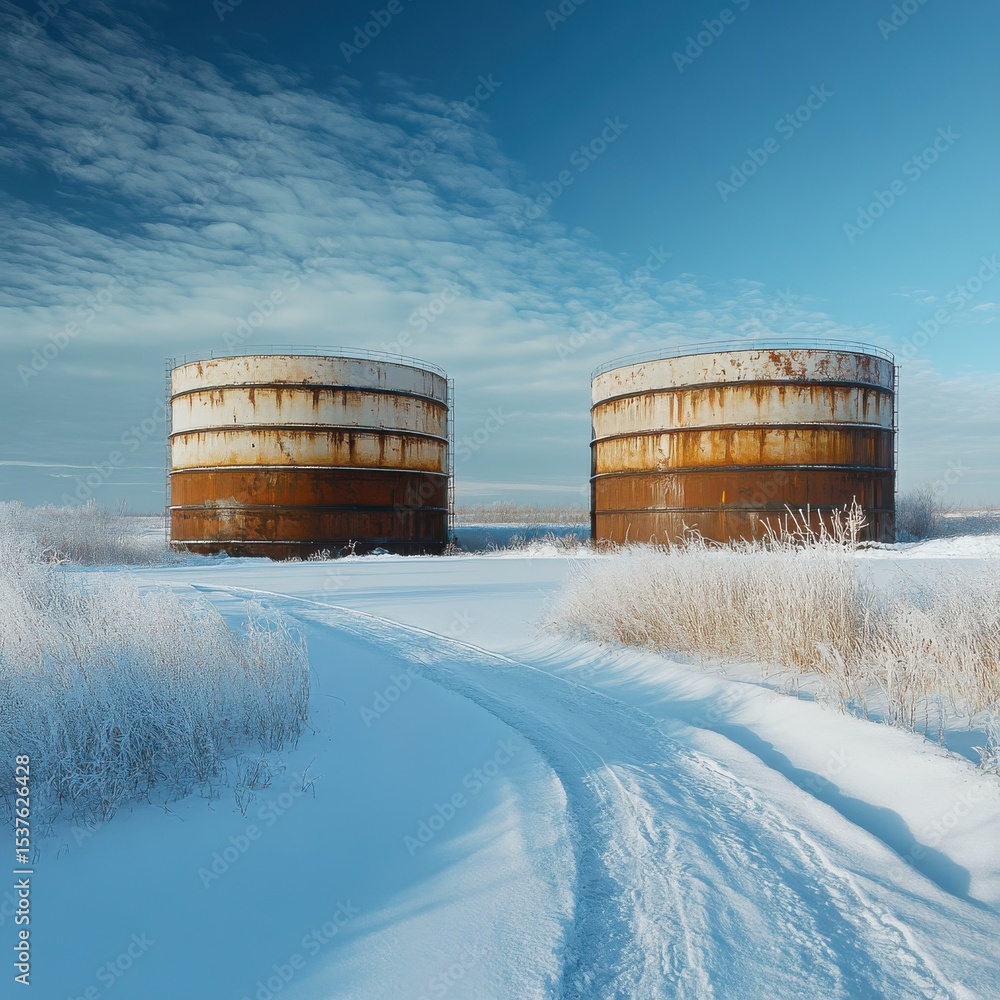Obraz premium Frozen Oil Tanks in a Winter Landscape