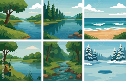 Seasonal Outdoor Landscapes: Rivers, Beach, and Winter Scene