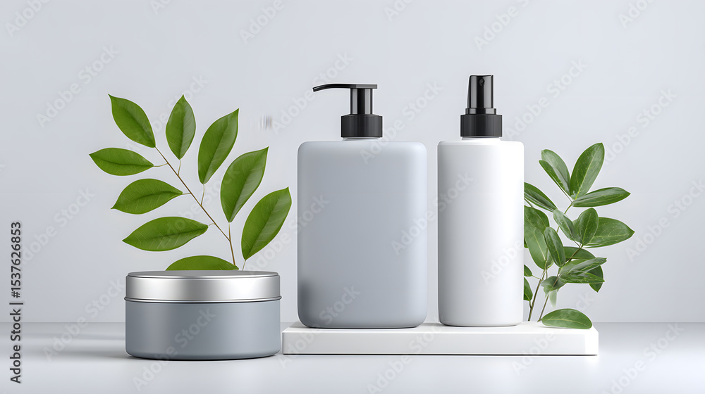 Minimalist skincare product display with gray and white bottles and jar, surrounded by green leaves on white background. composition is clean and elegant Minimalist skincare product display with gray and white bottles and jar, surrounded by green leaves on white background. composition is clean and elegant