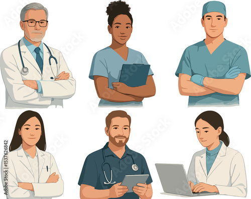 Group of diverse medical professionals standing together proudly. 