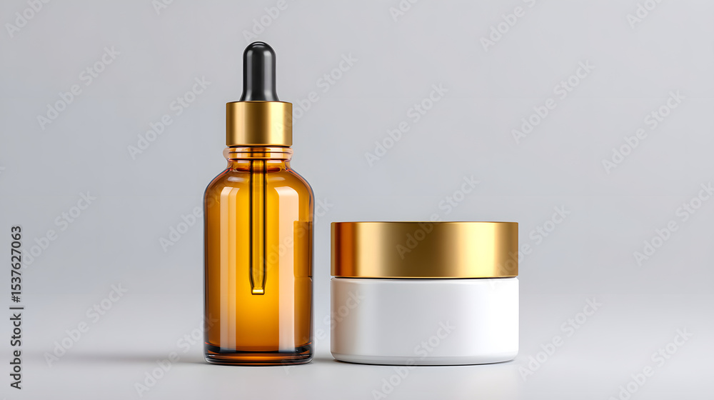 Naklejka premium Amber glass dropper bottle and white cosmetic jar with golden caps on neutral background, showcasing high end skincare product mockup