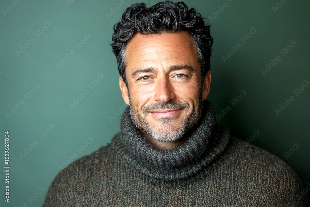 Modish men's textured crop haircut - midlife white man with black hair. A confident man in a professional studio photo. Idea of style for aging men. Green solid background. Modish men's textured crop haircut - midlife white man with black hair. A confident man in a professional studio photo. Idea of style for aging men. Green solid background.